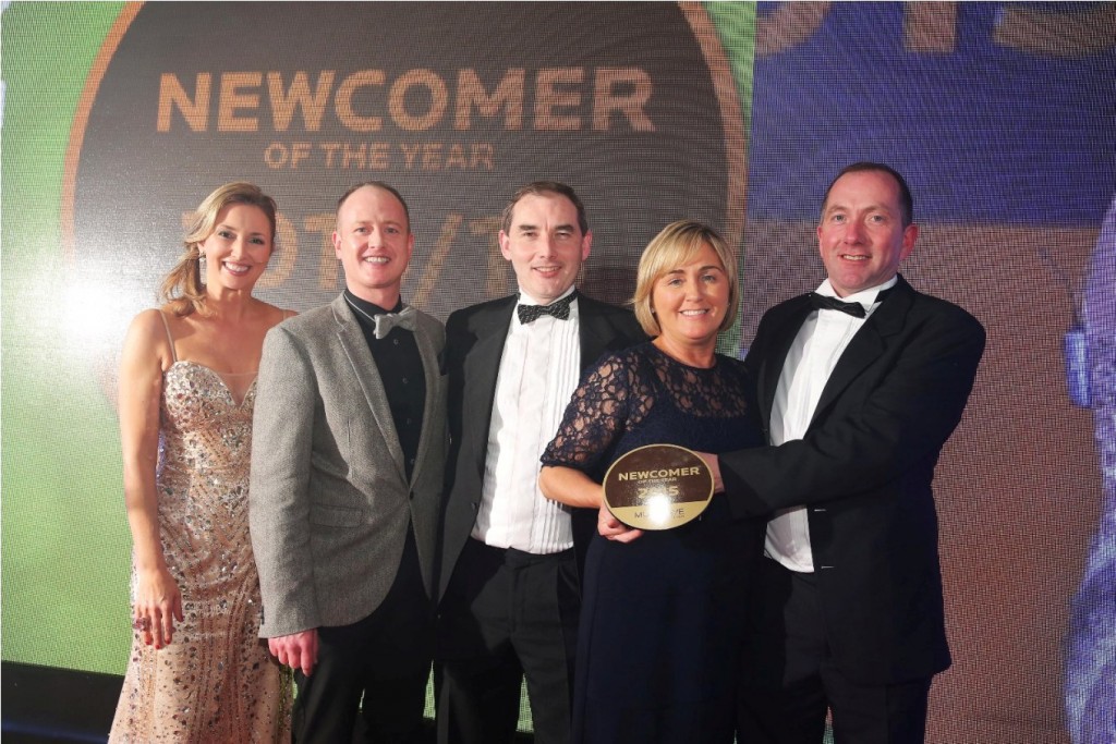 SuperValu Crossgar owner Gabriel Bell (right), winner of Musgrave Store of the Year, with his wife Elizabeth along with host Claire McCollum, Gavin Watson of award sponsor Tayto, and Michael McCormack