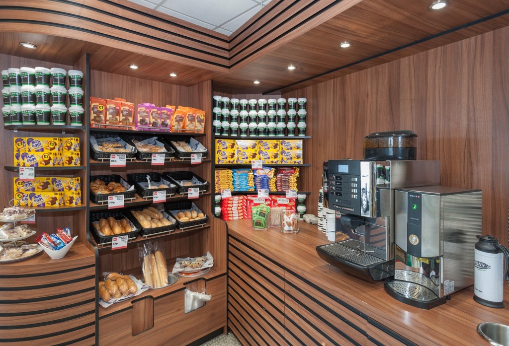 The coffee area has a wide selection of beverages